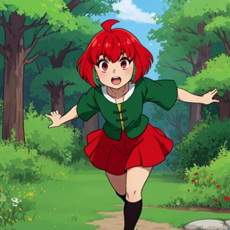 masterpiece, best quality, 8k,
<lora:kana fujii s1-lora-nochekaiser:0.7> kana fujii, short hair, bangs, (red eyes:1.3), ahoge, red hair, multicolored hair, green hair, two-tone hair, thick eyebrows
vivid colors,
1girl, (solo)
(fantasy mage outfit:1.2),
running, dark forrest, trees, grass, bushes, vegetation,
" " ,
<lora:surprised_v200:0.8> surprised