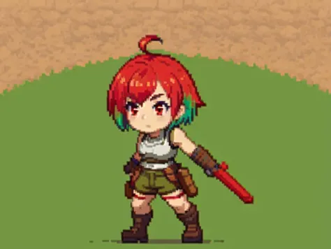 a pixel art of a girl with a red hair holding a red sword