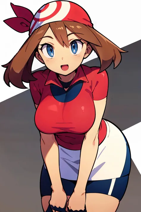 a woman in a red shirt and blue shorts is posing