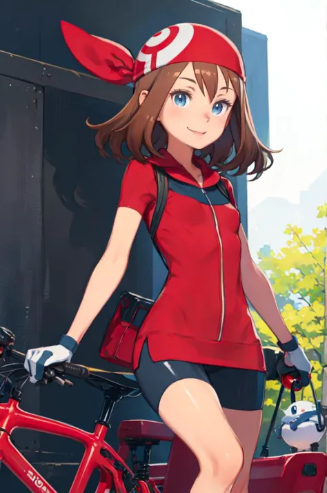 smile, holding poke ball,  <lora:May_Pokemon:0.75> zzMay, solo, blue eyes, brown hair, medium hair, perfect, red shirt, bike shorts, red bandana, red shirt, gloves, skirt,  <lora:kuroboshi_kouhaku_style_v01:1>, absurdres, ultra detailed, masterpiece, best quality, aesthetic, detailed,