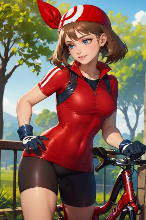 a woman in a red shirt and black shorts standing next to a bicycle