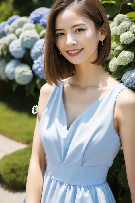 a woman in a blue dress standing in front of a bush of hydrants