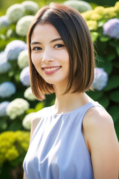 a woman with a blue dress and a flower bush in the background