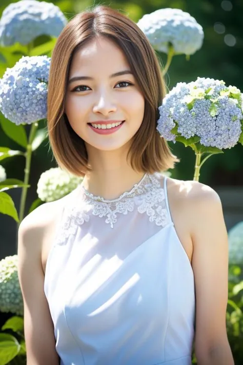 a woman in a white dress standing in front of a bunch of flowers