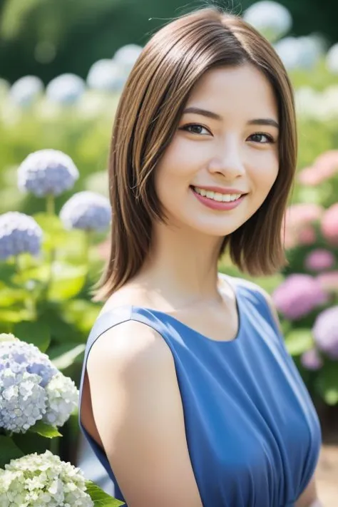 a woman in a blue dress standing in front of flowers