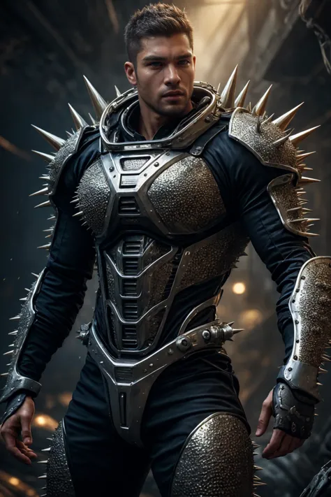 realistic, ((masterpiece)), ((best quality)), (detailed), cinematic, dynamic lighting, soft shadow, detailed background, professional photography, depth of field, intricate, detailed face, subsurface scattering, realistic hair, realistic eyes, muscular, manly, photo of a handsome asian man, spikyarmor, wearing spiky exosuit, spikes, science fiction, fantasy, shiny reflective metal, dynamic pose,