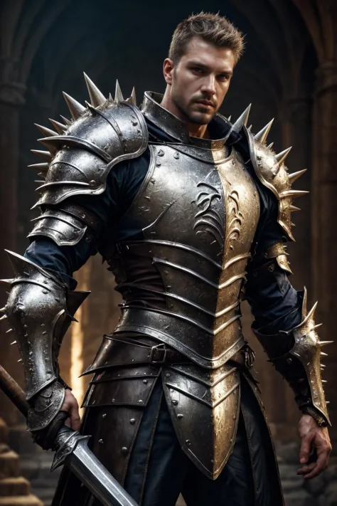 realistic, ((masterpiece)), ((best quality)), (detailed), cinematic, dynamic lighting, soft shadow, detailed background, professional photography, depth of field, intricate, detailed face, subsurface scattering, realistic hair, realistic eyes, muscular, manly, photo of a handsome man, spikyarmor, wearing spiky knight armor, spikes, medieval, fantasy, shiny reflective metal, dynamic pose, holding weapon, silver hair, (40 years old), beard,