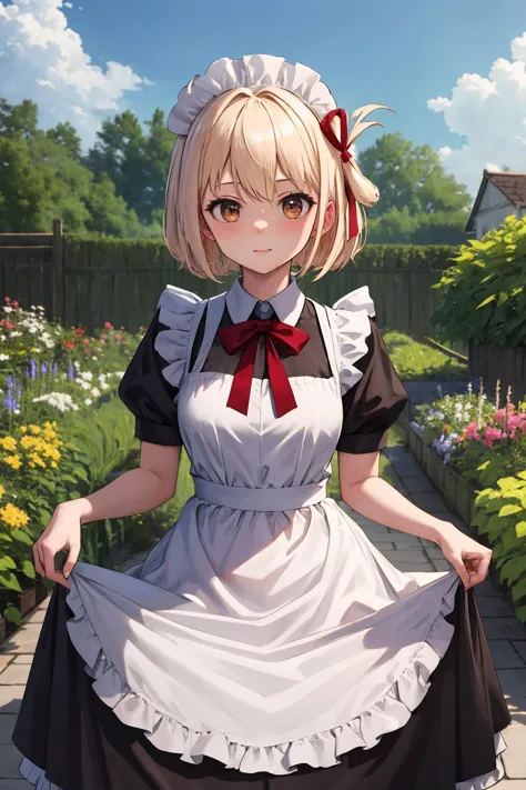 masterpiece, best quality, highres, aachisato, short hair, hair ribbon, <lora:nishikigi_chisato_v1:0.7>, maid, maid headdress, dress, garden, skirt hold,