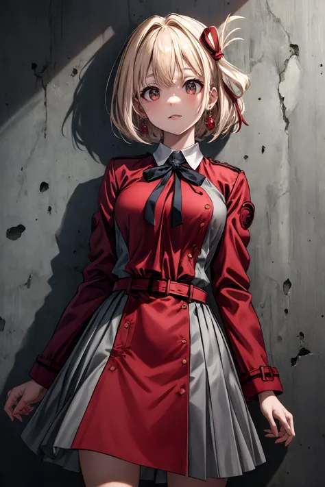 anime girl in red and grey dress leaning against a wall