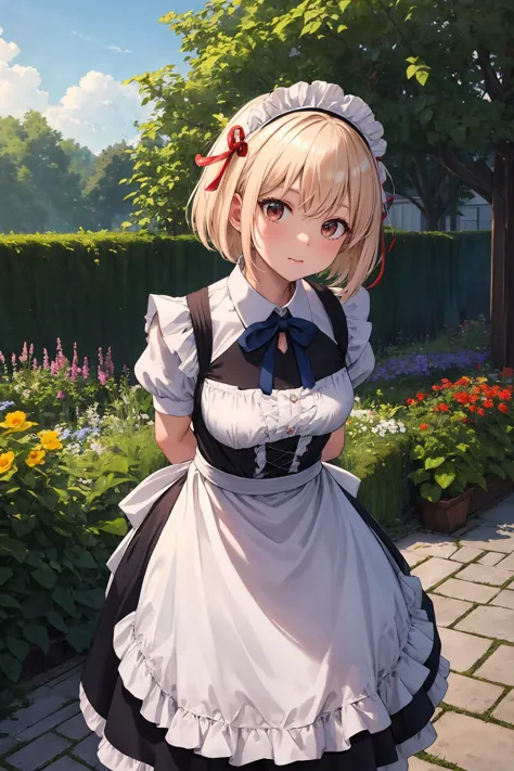 anime girl in maid outfit standing in a garden with flowers