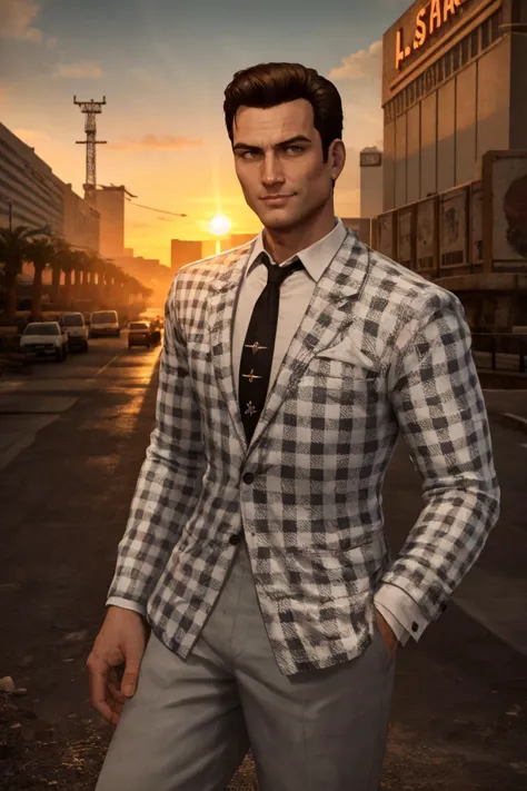 arafed image of a man in a suit and tie standing in the middle of a street