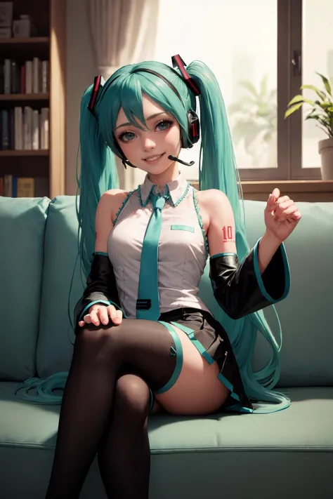 (masterpiece, best quality:1.2), solo, 1girl, hatsune miku, smile, looking at viewer, sitting, crossed legs, couch, twintails, h...