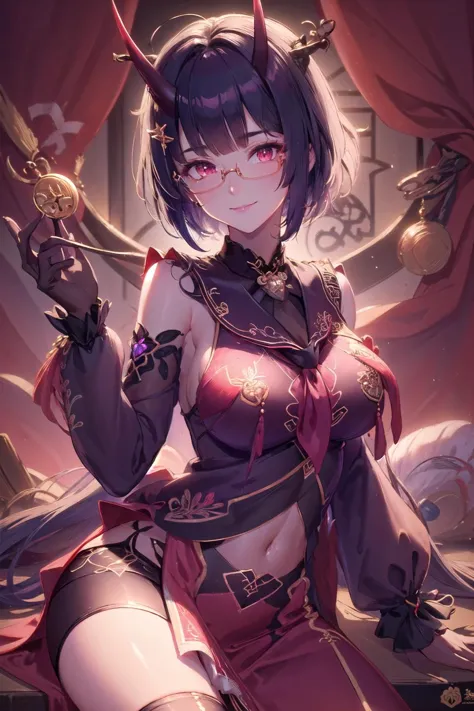 (highly detailed:1.3), 
1girl, solo, light smile, (horns:1.1), glasses, (red microskirt, frilled, velvet, embroidered, neckerchief, badge:1.6), 
<lora:wrenchs_aqueous_mei-000009:1>, wrench_aqueousmei, 
Ultra-detail, (highres:1.1), best quality, (masterpiec...