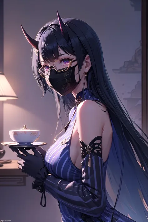 (highly detailed:1.3), 
1girl, solo, light smile, horns, (glasses:1.1), (blue china dress:1.5), (striped:1.4), (black mask:1.5), 
<lora:wrenchs_aqueous_mei-000009:0.7>, wrench_aqueousmei, 
Ultra-detail, (highres:1.1), best quality, (masterpiece:1.3), cinem...