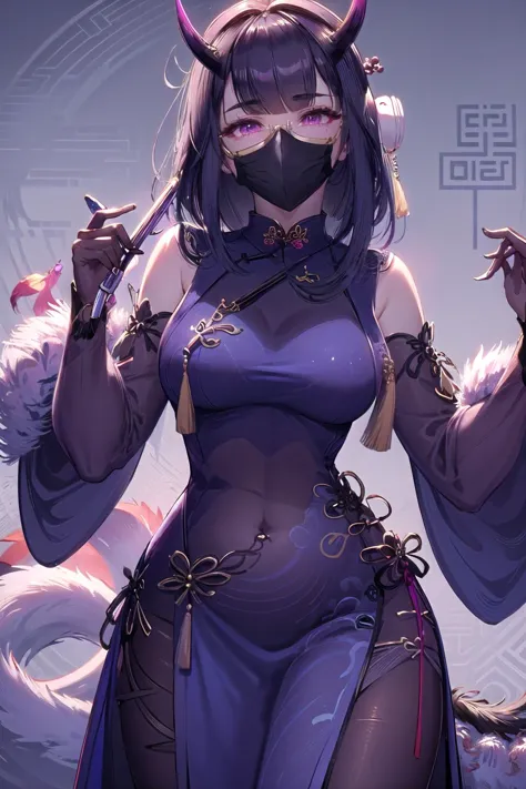 (highly detailed:1.3), 
1girl, solo, light smile, (horns:1.1), glasses, (blue china dress (cheongsam/qipao), striped, feather boa, plague doctor mask:1.4), 
<lora:wrenchs_aqueous_mei-000009:1>, wrench_aqueousmei, 
Ultra-detail, (highres:1.1), best quality,...