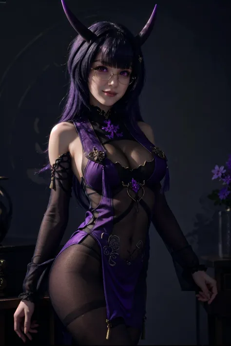 (highly detailed:1.3), 
1girl, solo, light smile, horns, glasses, dark background, 
<lora:wrenchs_aqueous_mei-000009:1>, wrench_aqueousmei, purple dress, body stocking, (pantyhose:1.1), purple hair, 
Ultra-detail, (highres:1.1), best quality, (masterpiece:...