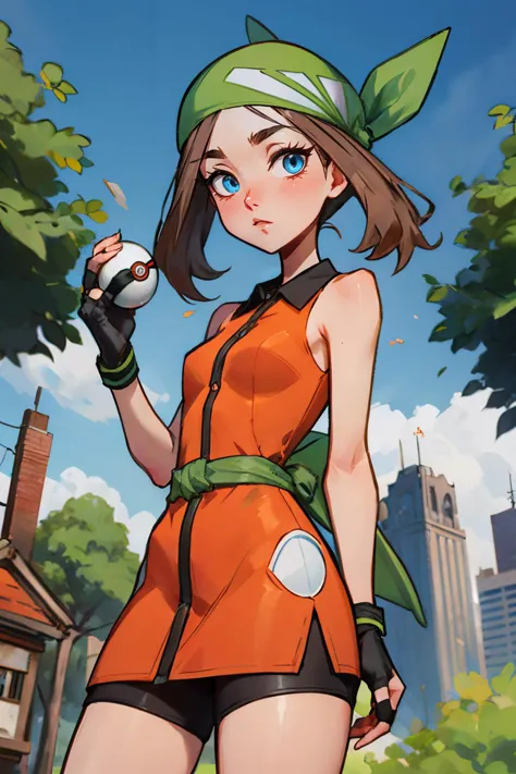 pkmnmay,blue eyes, brown hair, green bandana,orange dress, collared dress, sleeveless, black gloves, black shorts, fingerless gloves, shorts under dress, looking at viewer, serious, standing, outside, city, trees, park, holding poke ball, blue sky, high quality, masterpiece <lora:PKMN_May_Gen4_v1:.8>