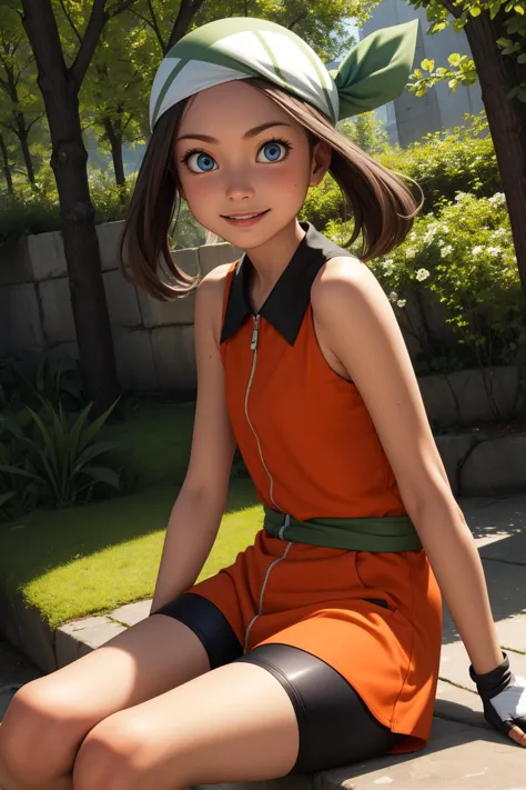 pkmnmay, 1girl, solo, blue eyes, brown hair, bangs, bandana, green headwear,
orange shirt, orange dress, collared dress, sleevel...