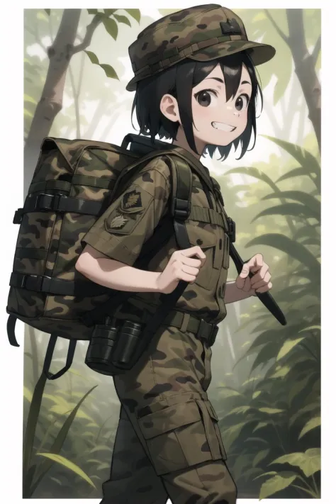 <lora:amidori-000035:1> amidori, black eyes, sanpaku,
camouflage headwear, bhat,
military uniform, camouflage jacket, camouflage...