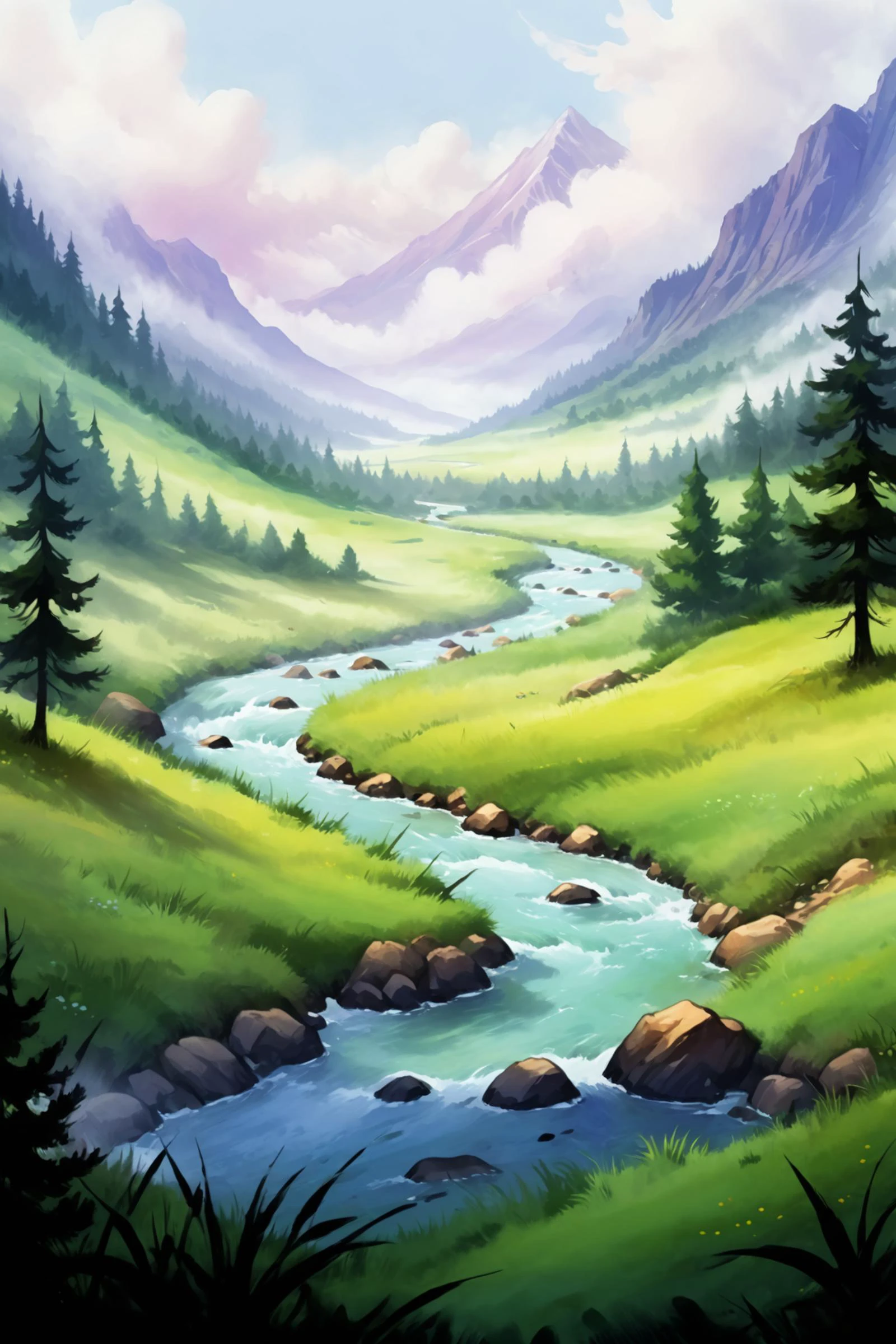 2D 게임 장면, 미니멀리스트 풍경의 유화 및 수채화 그림, 강, 목초지, 안개, 구름, 산, 나무, 숲, (걸작:1.2), 최고의 품질