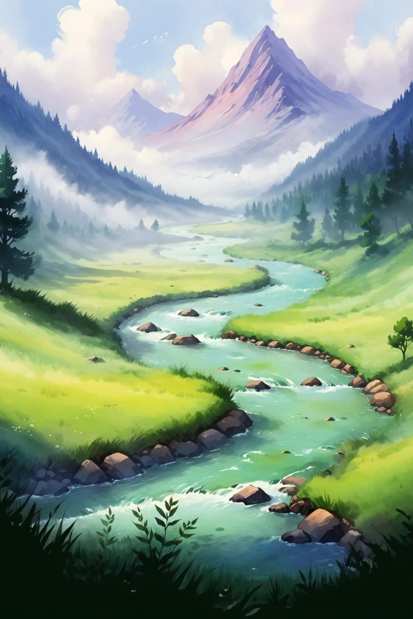 2d game scene, oil and watercolor painting drawing of a minimalist landscape, river, meadow, mist, clouds, mountain, tree, forest, (masterpiece:1.2), best quality