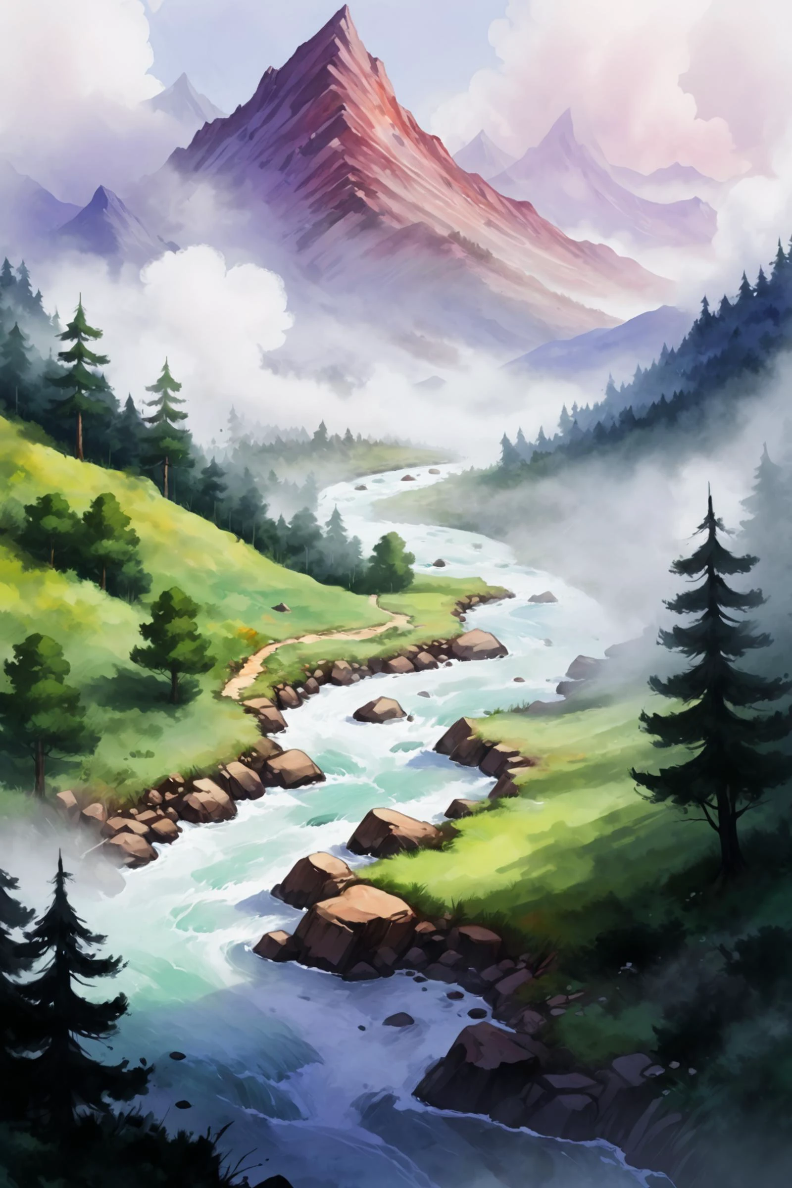 2d game scene, oil and watercolor painting drawing of a minimalist landscape, river, mist, clouds, mountain, tree, forest, (masterpiece:1.2), best quality