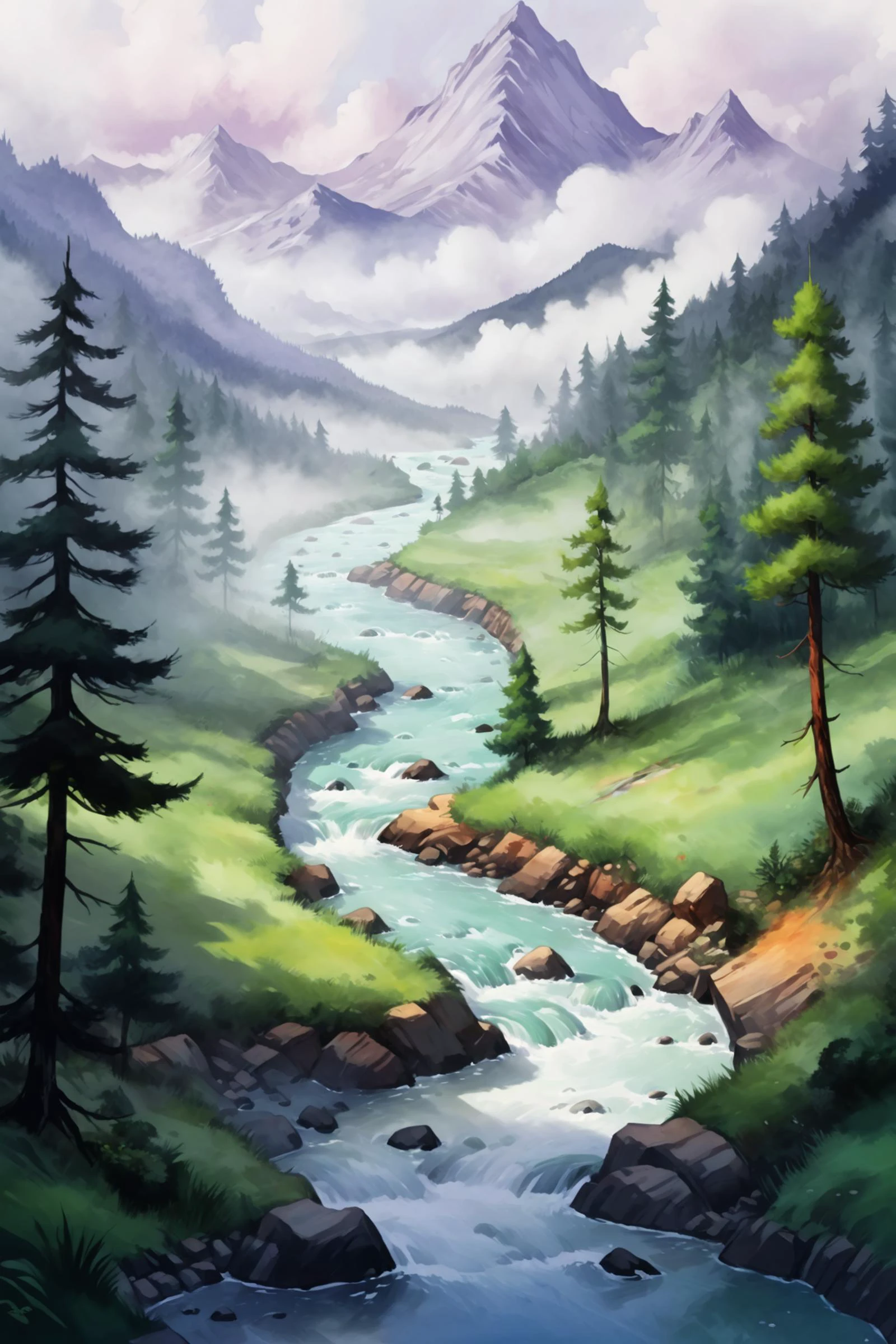 2d game scene, oil and watercolor painting drawing of a minimalist landscape, river, mist, clouds, mountain, tree, forest, (masterpiece:1.2), best quality