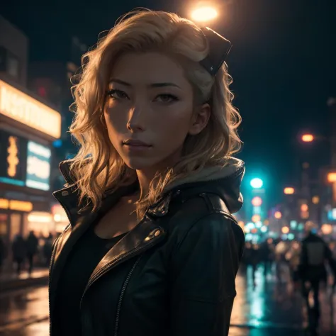 beautiful dichen_lachman as a cyberpunk detective, leather jacket, tank top, (cleavage:0.5), dichen_lachman, (highly detailed:1.2),(best quality:1.2),(8k:1.2),sharp focus,(subsurface scattering:1.1),award-winning photograph,professional portrait photograph...