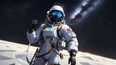 astronaut in space suit standing on the moon with his hands in the air