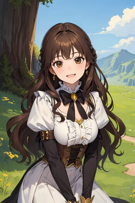 masterpiece, best quality, fantasy, 1girl, knight, frills, metal, happy face, brown eyes, brown hair, outdoors, wavy hair, long ...