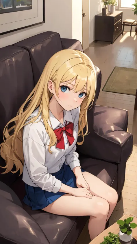 {from above|top view},
(masterpiece),(best quality),
looking at viewer,
long hair, (wavy hair:0.85),
indoors,
{(blonde hair and blue eyes)|(black hair and black eyes)},
sitting on sofa, (character on front:1.2), {dress|skirt},