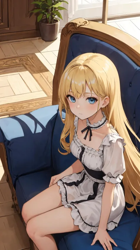 {from above|top view},
(masterpiece),(best quality),
looking at viewer,
long hair, (wavy hair:0.85),
indoors,
{(blonde hair and blue eyes)|(black hair and black eyes)},
sitting on sofa, (character on front:1.2), {dress|skirt},