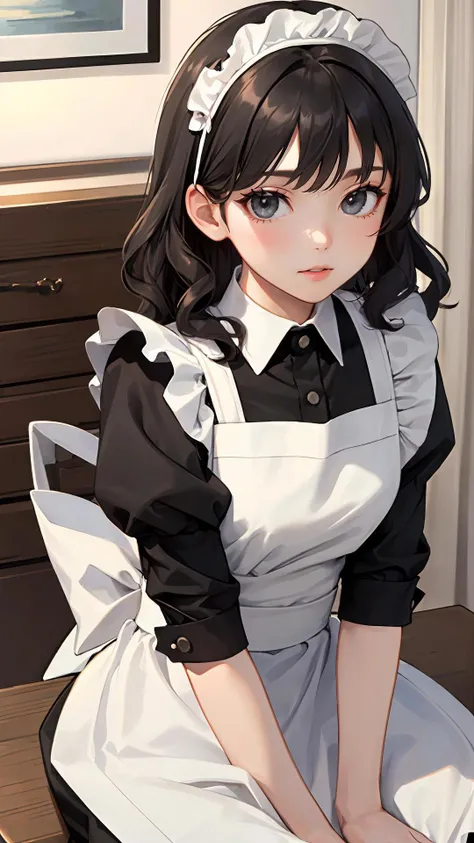 Anime girl in maid outfit sitting on a desk with a laptop - SeaArt AI