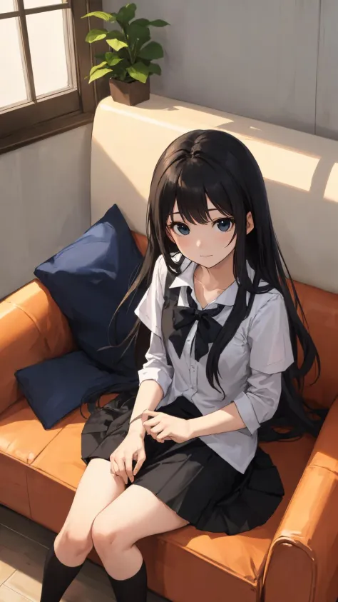 {from above|top view},
(masterpiece),(best quality),
looking at viewer,
long hair, (wavy hair:0.85),
indoors,
{(blonde hair and blue eyes)|(black hair and black eyes)},
sitting on sofa, (character on front:1.2), {dress|skirt},