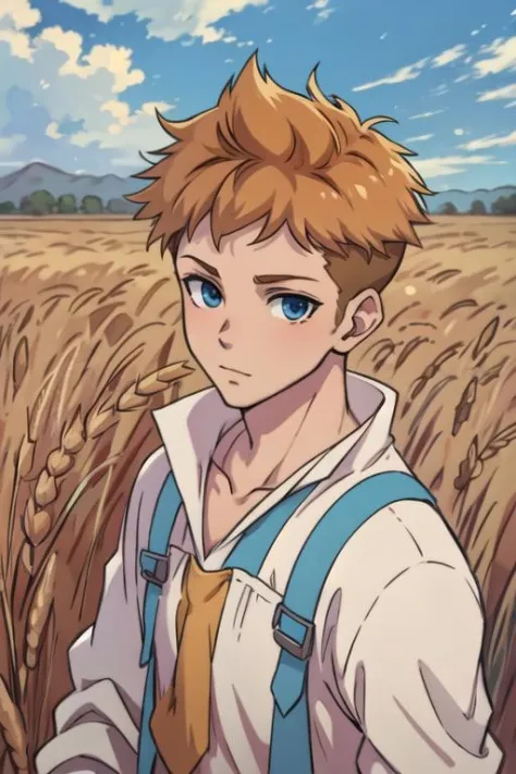 masterpiece, best quality, photorealistic, 1boy, solo, male focus, looking at viewer, upper body, , anime coloring, , <lora:roy_kaminaki_sekai:0.76>, roy_kaminaki_sekai, brown hair, blue eyes, , wheat field, 12k resolution