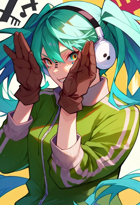 <lora:vocaloid_matryoshkamiku_ponyXL:1> matryoshkamiku, aqua hair, twintails, multicolored eyes, headphones, green jacket, track jacket, brown gloves, grin, rabbit pose, hands on own head,  <lora:Ban!_(bansankan)_PonyXL_style_v01:1> cowboy shot,, score_9, score_8_up, score_7_up, source_anime,