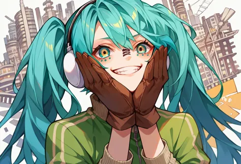 anime girl with blue hair and green eyes wearing headphones