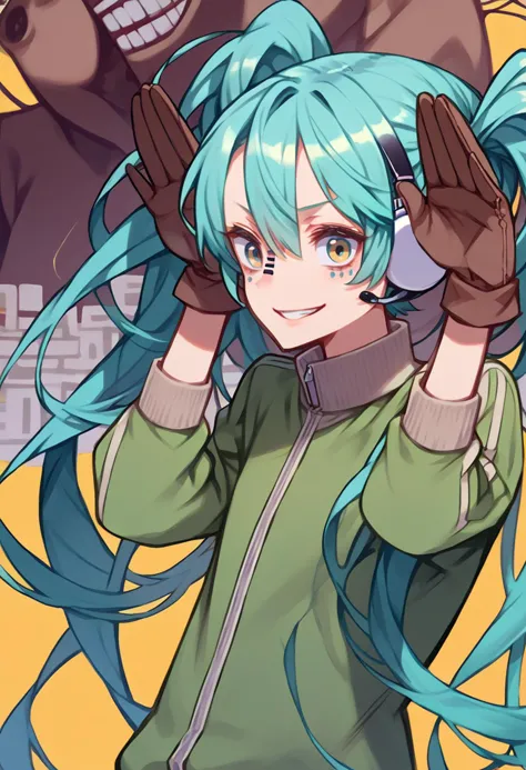 anime girl with blue hair and green eyes holding her hands up