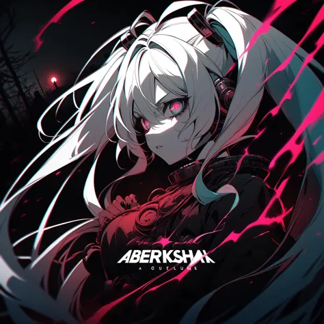 Score_9,score_8_up,score_7_up,source_anime,anime,depth of field,chromatic aberration,monochrome,horror \(theme\), black nails,breasts,hatsune miku, dark aura,evil,english text,album cover,"Dark Star",glowing,glowing eyes,wire,cable,<lora:vocaloid_matryoshkamiku_ponyXL:0.7>,matryoshkamiku,twintails,multicolored eyes,piercing,