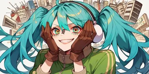 <lora:vocaloid_matryoshkamiku_ponyXL:1> matryoshkamiku, aqua hair, twintails, multicolored eyes, headphones, green jacket, track jacket, brown gloves, hands on own cheeks, grin,, score_9, score_8_up, score_7_up, source_anime,