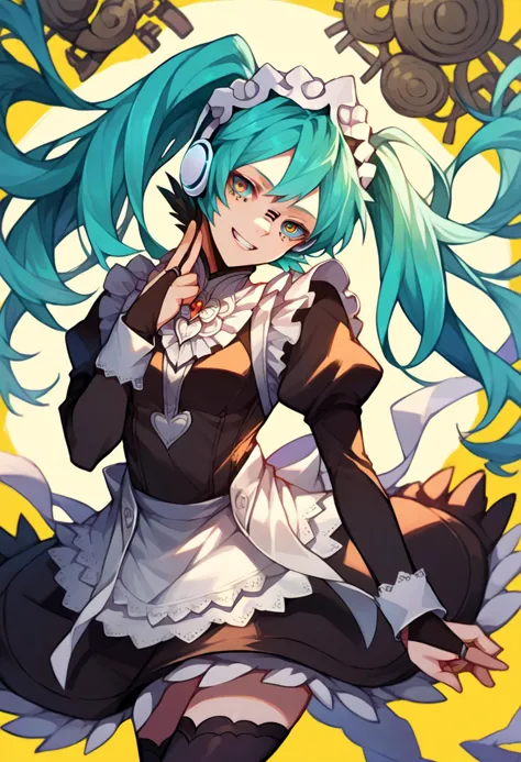 <lora:vocaloid_matryoshkamiku_ponyXL:1> matryoshkamiku, aqua hair, twintails, multicolored eyes, headphones, grin, head tilt,  <lora:fatesmaid-fe-richy-v1_pdxl:0.8> fates maid, maid headdress, maid apron, bridal gauntlets, black thighhighs, full body,, score_9, score_8_up, score_7_up, source_anime,