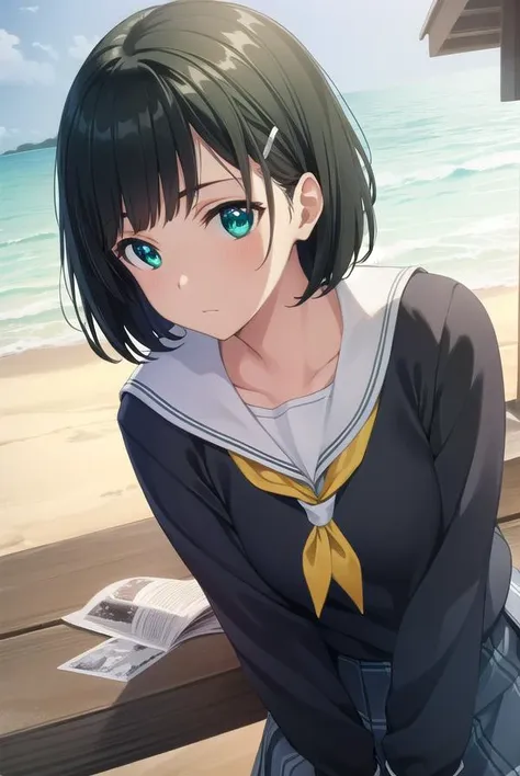 anime girl with green eyes sitting on a bench by the beach