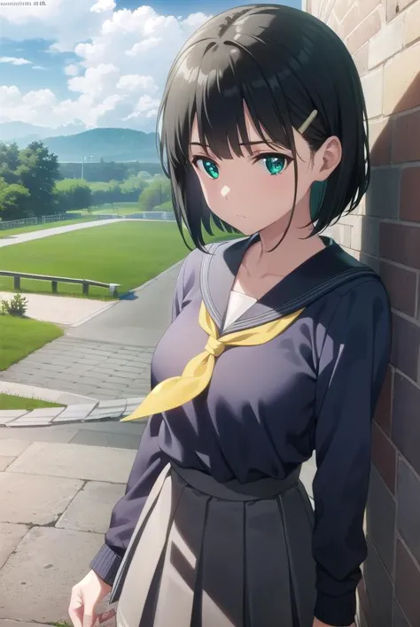 anime girl in a school uniform standing against a brick wall