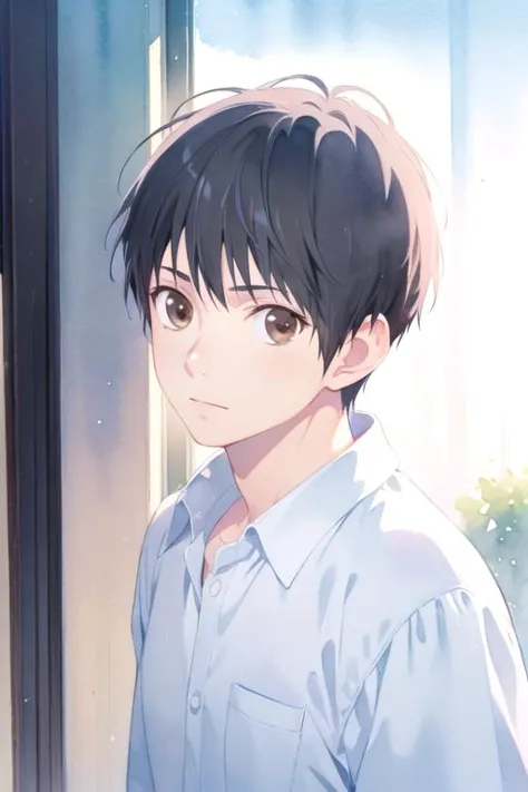 masterpiece, best quality, photorealistic, 1boy, solo, male focus, looking at viewer, upper body, , (watercolor illustration, soft pastel colors:1.1), realistic, <lora:kazuomi_inui:0.68>, kazuomi_inui, black hair, brown eyes, , , Blu-ray