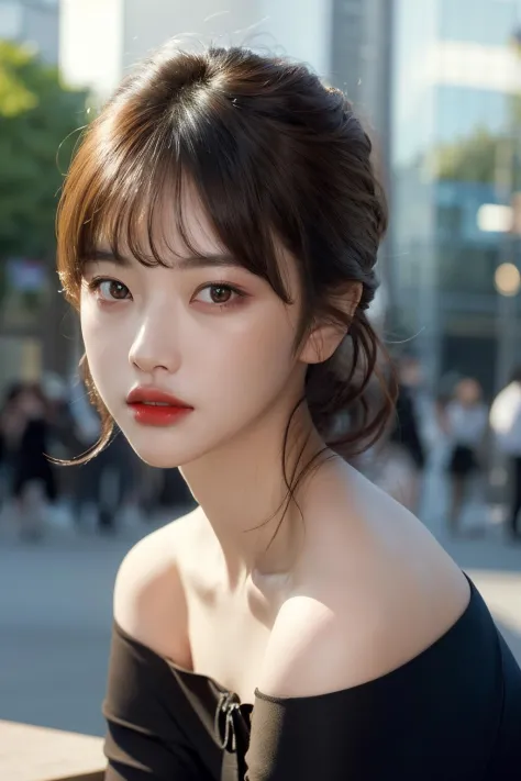 Best quality, masterpiece, ultra high res, (photorealistic:1.4), raw photo,1girl, solo, realistic, lips, (looking at viewer), upper body, simple background, brown eyes, black dress, off shoulder, <lora:makina69_gomalsook_v1.0:1>