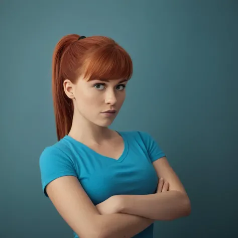 a close up of a woman with a red hair and a blue shirt