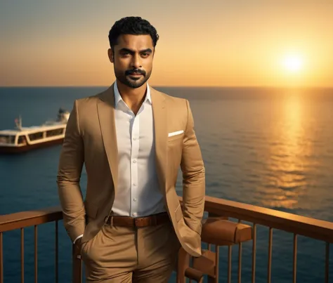 araffe man in a tan suit standing on a balcony overlooking the ocean