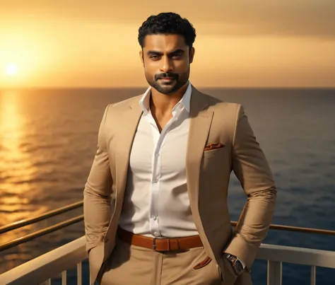 Nautical-themed (Photo:1.3) of (Ultrarealistic:1.3) <lora:Man_Men_FFashion:1> rege-jean page a man <lora:Tovino-Thomas_Rege-Jean-Page:1> in a tan suit standing on a balcony, sun behind him, inspired by Pablo Munoz Gomez, shot at golden hour, editorial photograph, midshot of a hunky, by Roman Bezpalkiv, by Artur Tarnowski, maxim sukharev, by Gabor Szikszai,Highly Detailed,(Mono Color:1.3) . Sea, ocean, ships, maritime, beach, marine life, highly detailed