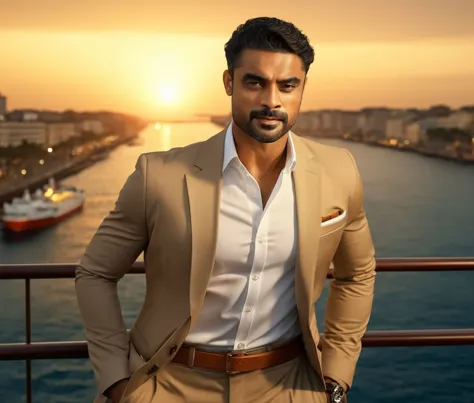 a man in a tan suit standing on a bridge next to a river