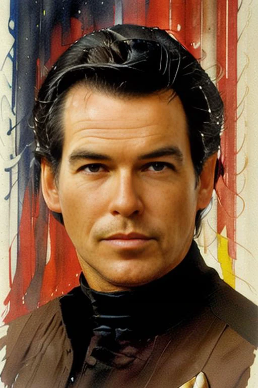 (Bob Peak) poster of young piercebrosnan as captain picard in star trek red uniform (best quality, masterpiece) 
